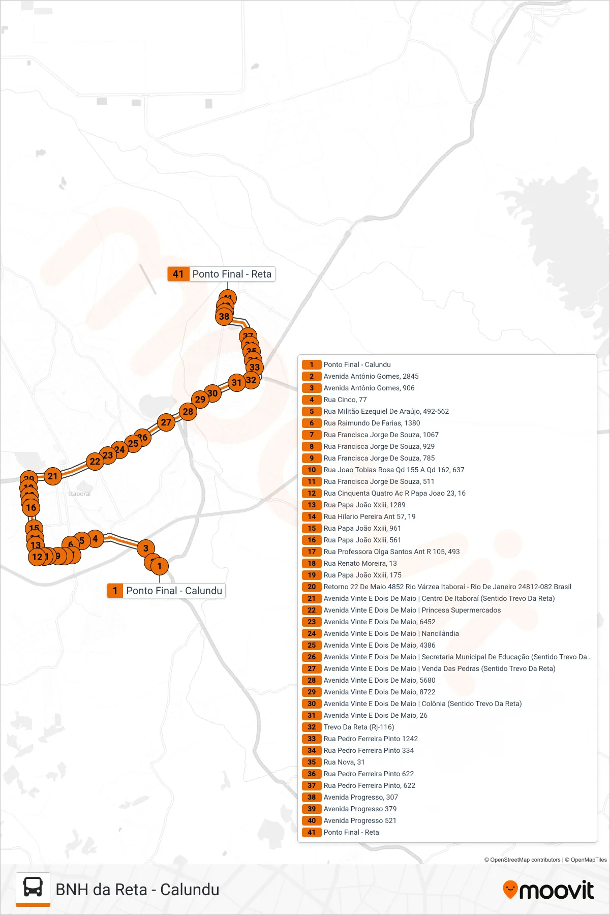 Rota e paradas da linha de ônibus 08 (BNH da Reta) no mapa