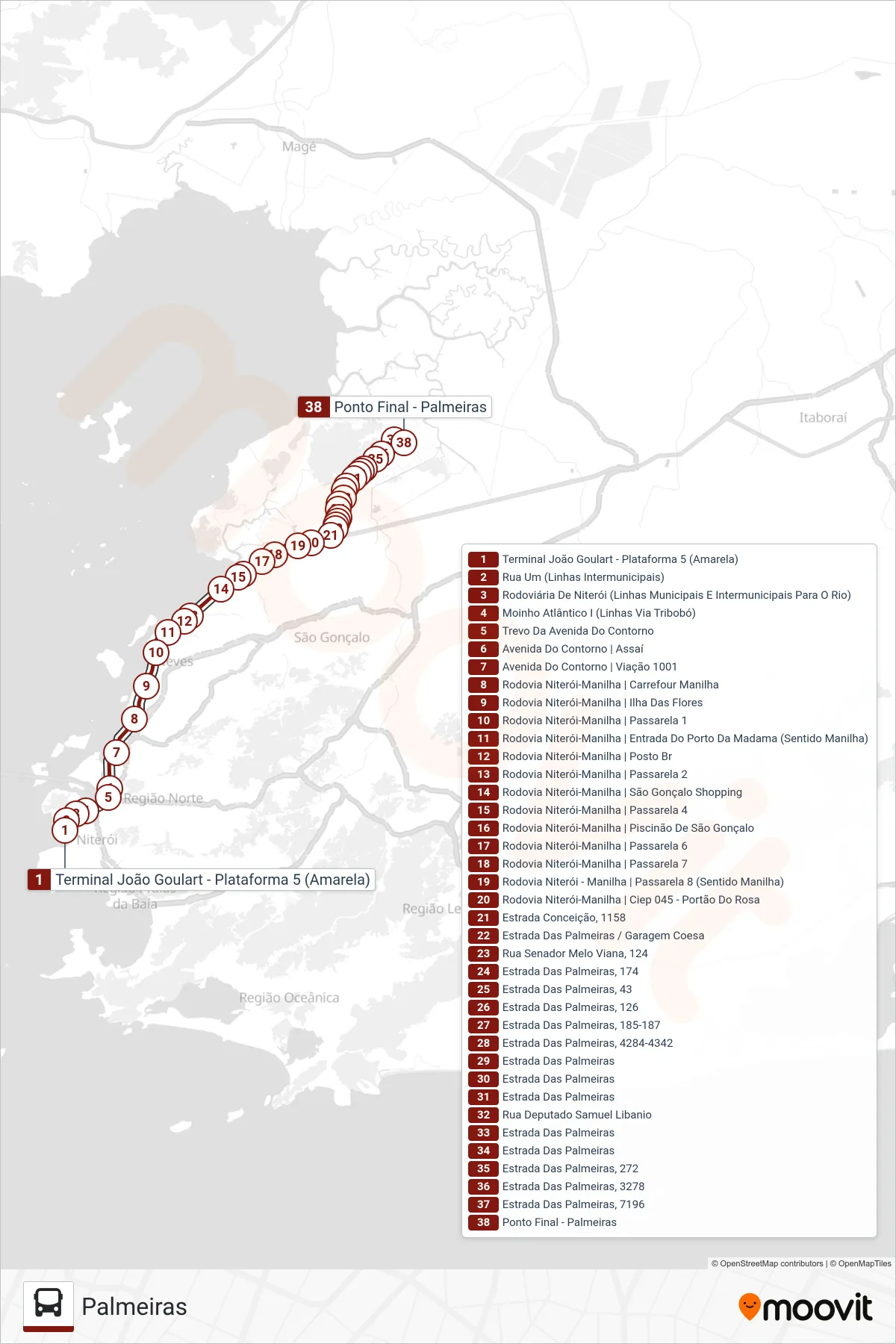 Rota e paradas da linha de ônibus 3400 (Palmeiras) no mapa