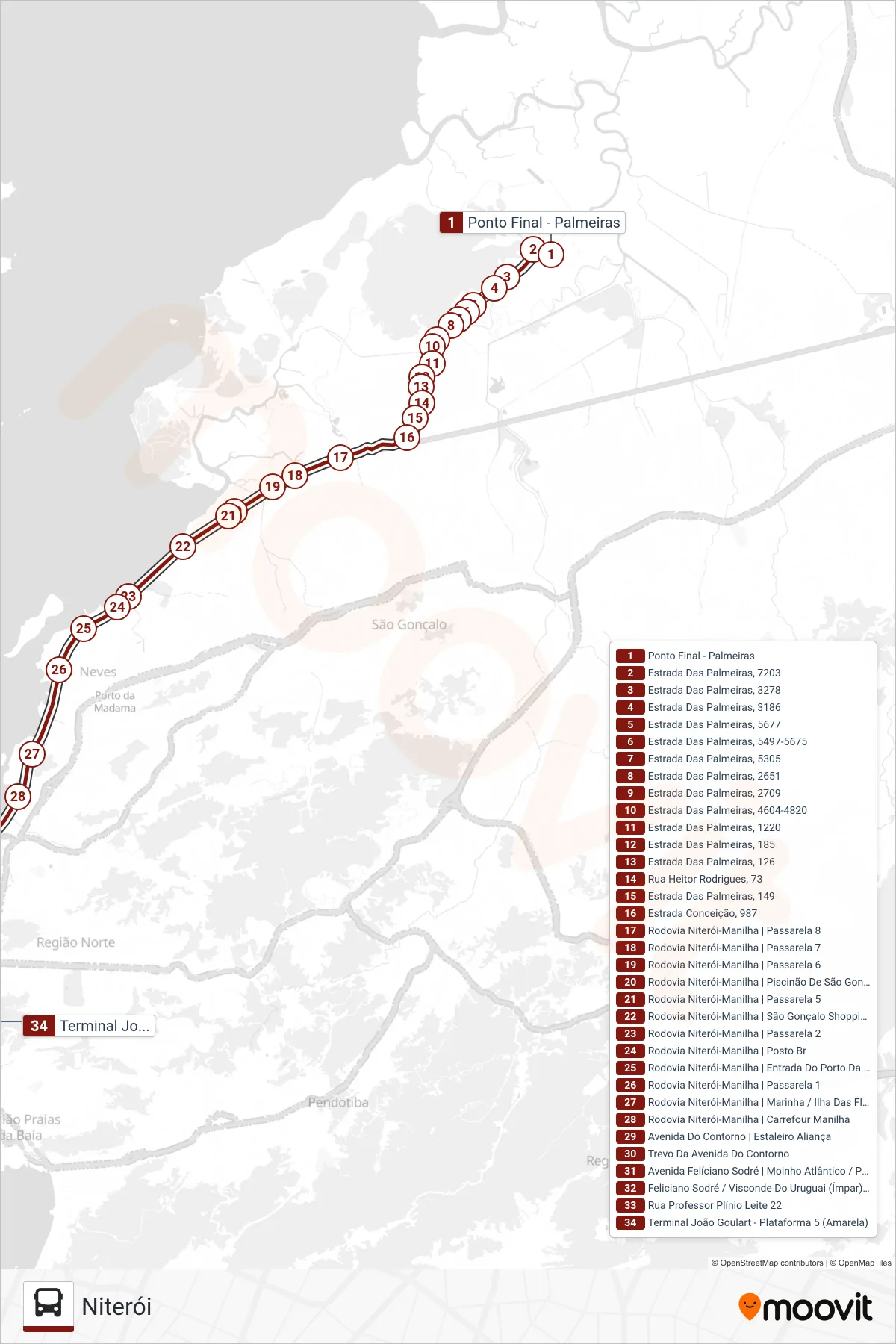 Rota e paradas da linha de ônibus 3400 (Niterói) no mapa