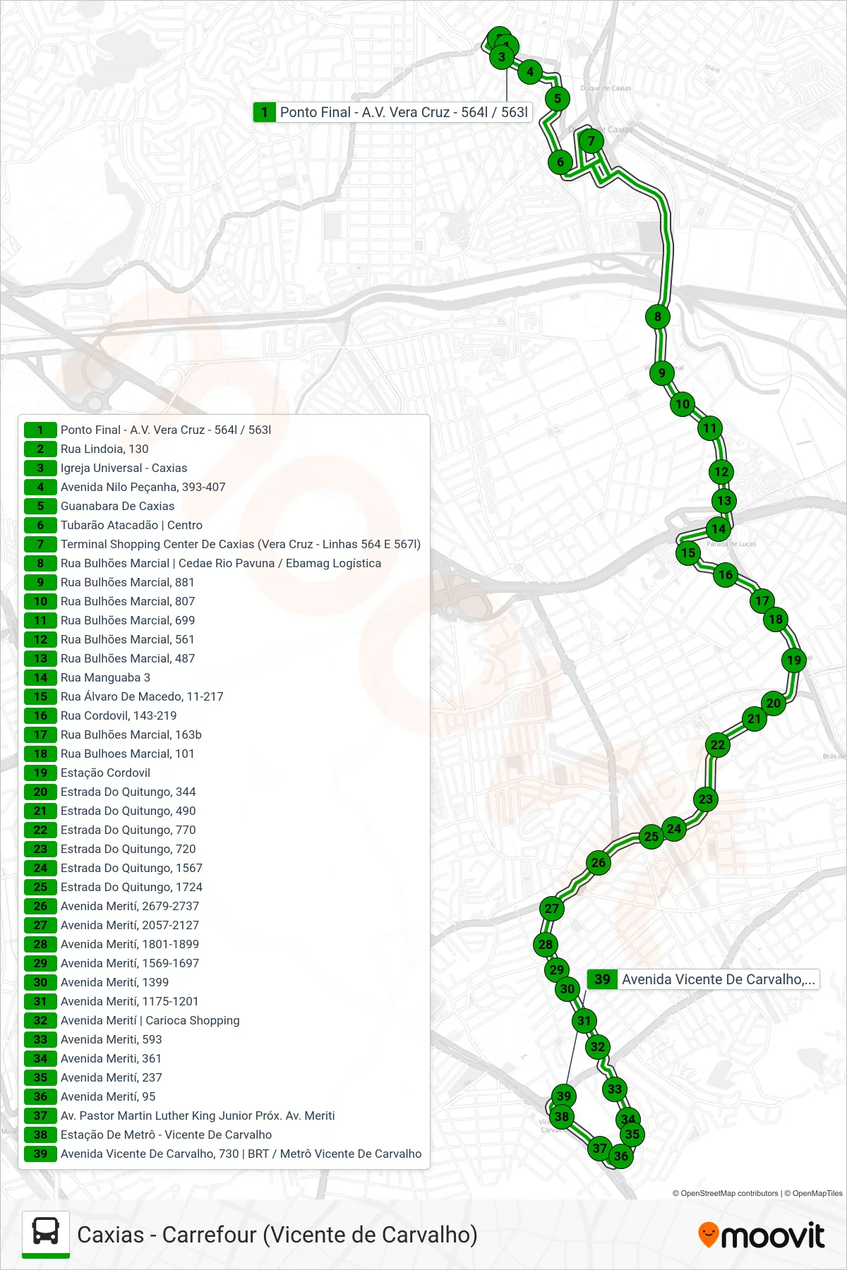 Rota e paradas da linha de ônibus 564 (Carrefour (Vicente De Carvalho)) no mapa