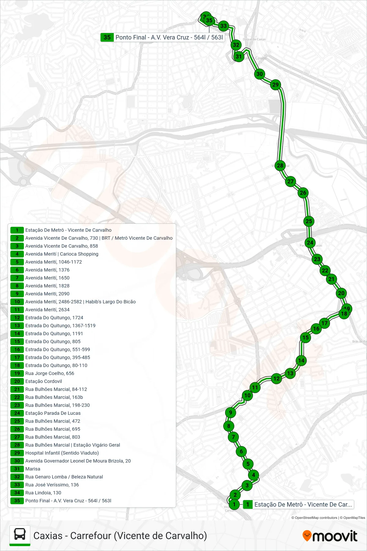 Rota e paradas da linha de ônibus  564  (Caxias) no mapa