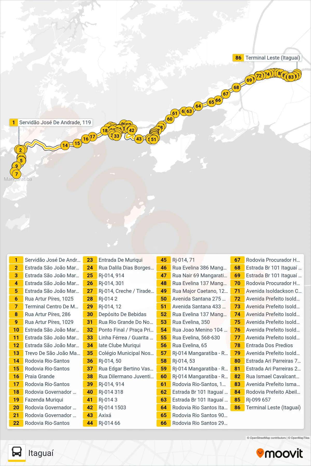 Rota e paradas da linha de ônibus 122T (Itaguaí) no mapa
