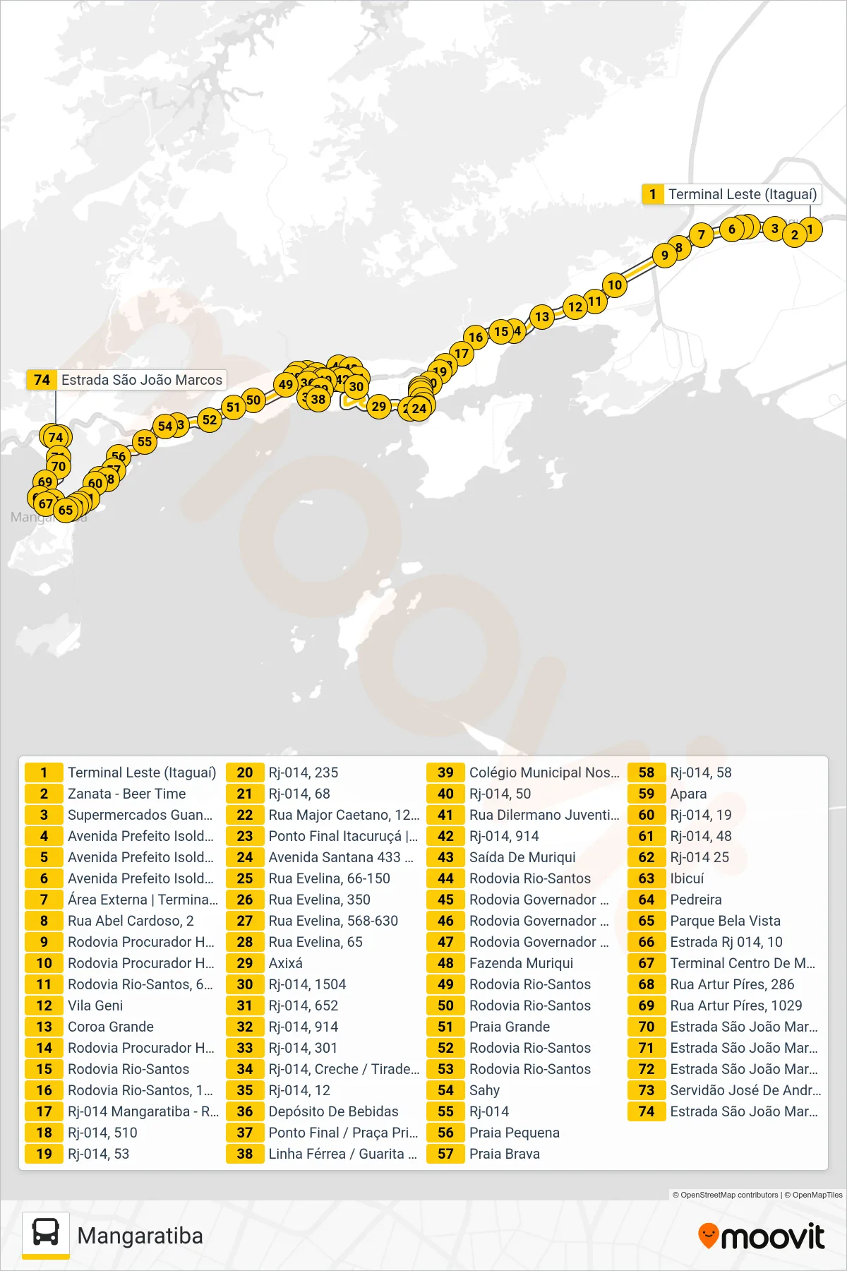 Rota e paradas da linha de ônibus 122T (Mangaratiba) no mapa