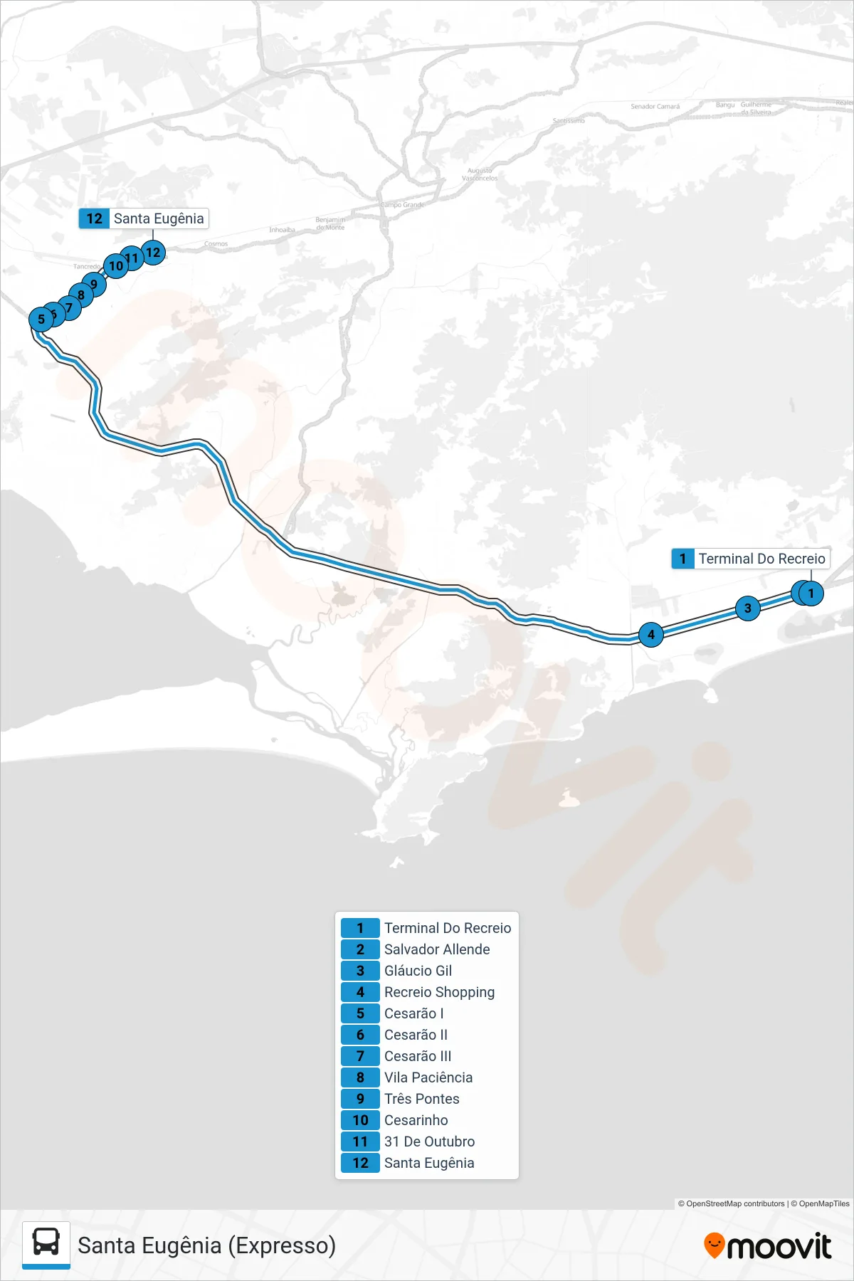 Rota e paradas da linha de ônibus 14 (Santa Eugênia (Expresso)) no mapa
