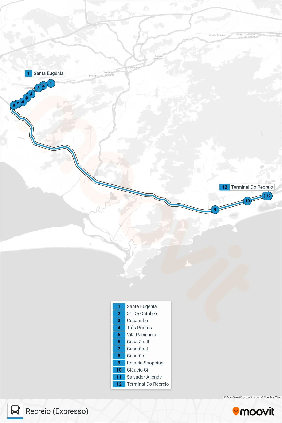 14 bus Line (Recreio (Expresso)) route and stops on a map