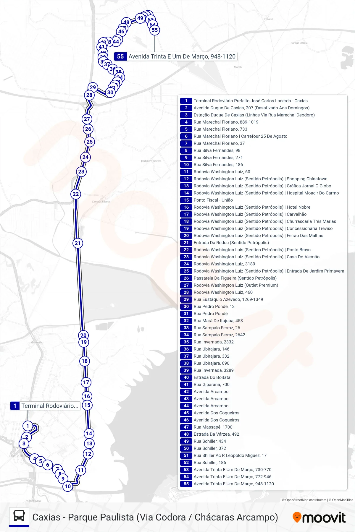 Rota e paradas da linha de ônibus 70 (Parque Paulista) no mapa