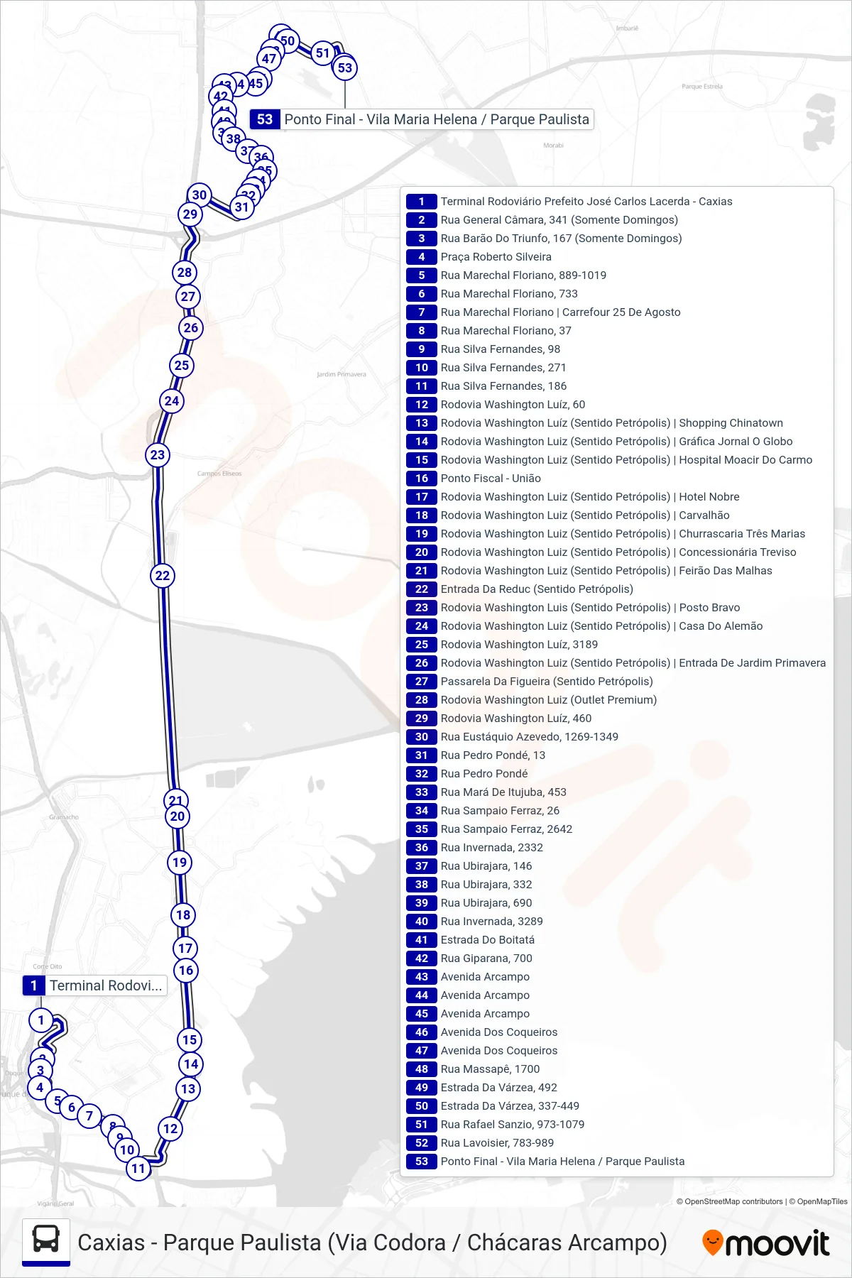 Rota e paradas da linha de ônibus 70 (Parque Paulista (Via 25 De Agosto)) no mapa
