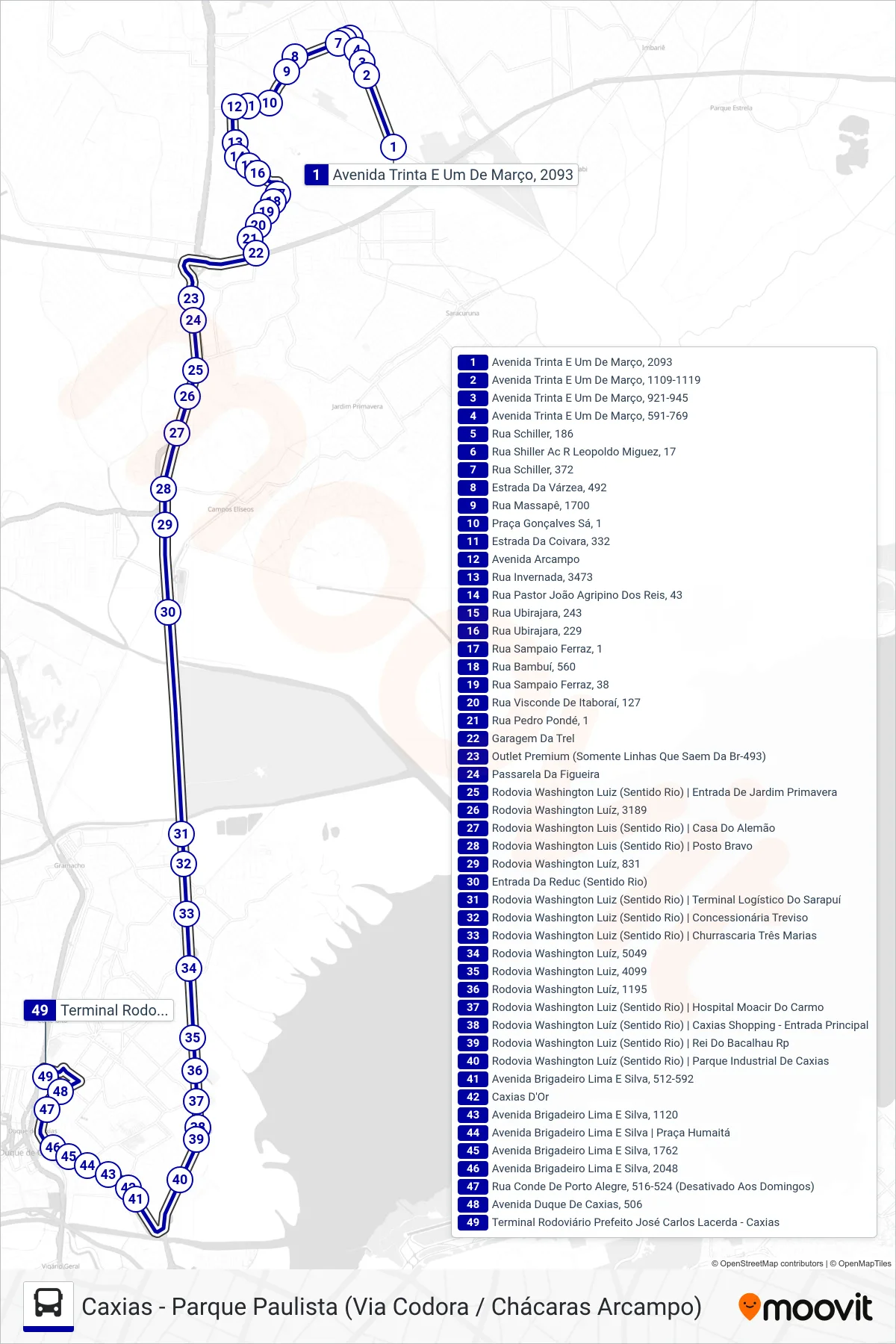 Rota e paradas da linha de ônibus 70 (Duque De Caxias) no mapa