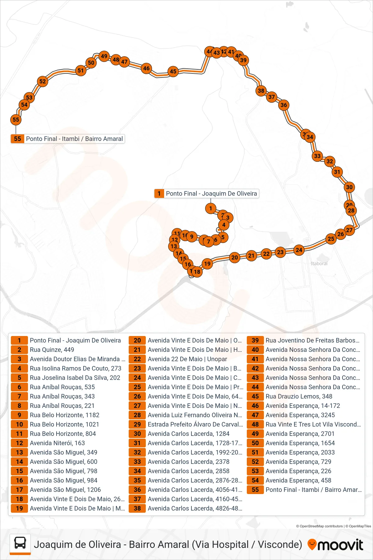 14 bus Line (Bairro Amaral) route and stops on a map