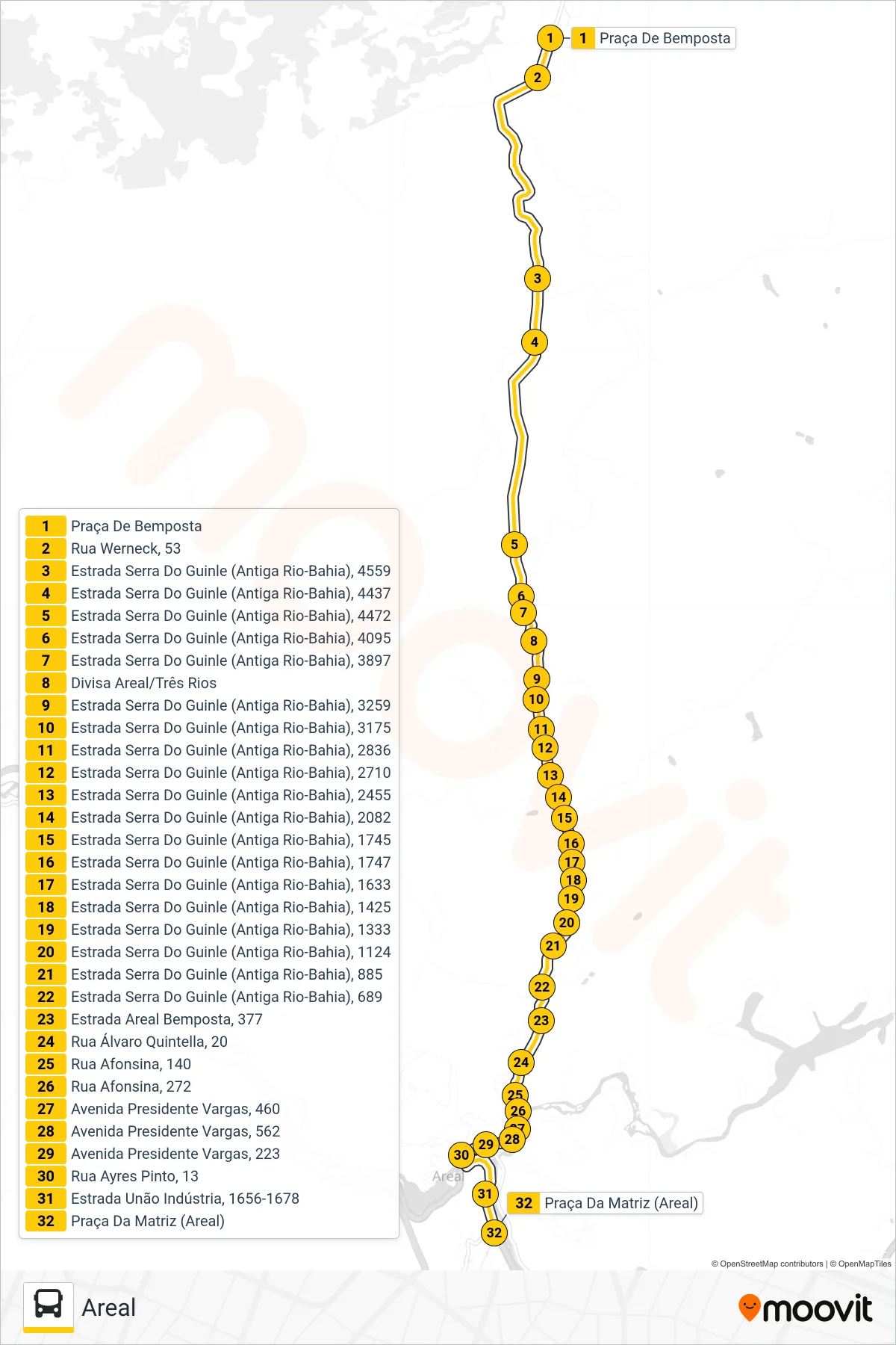 Rota e paradas da linha de ônibus P490 (Areal) no mapa