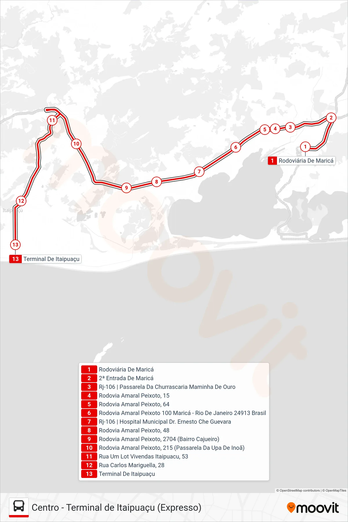 E30E bus Line (Terminal Itaipuaçu) route and stops on a map