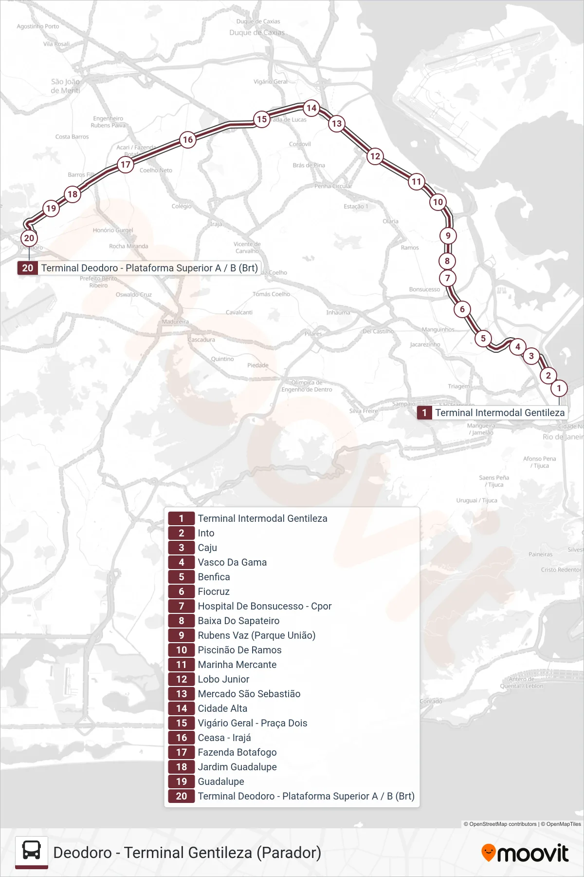 Rota e paradas da linha de ônibus 60 (Deodoro) no mapa
