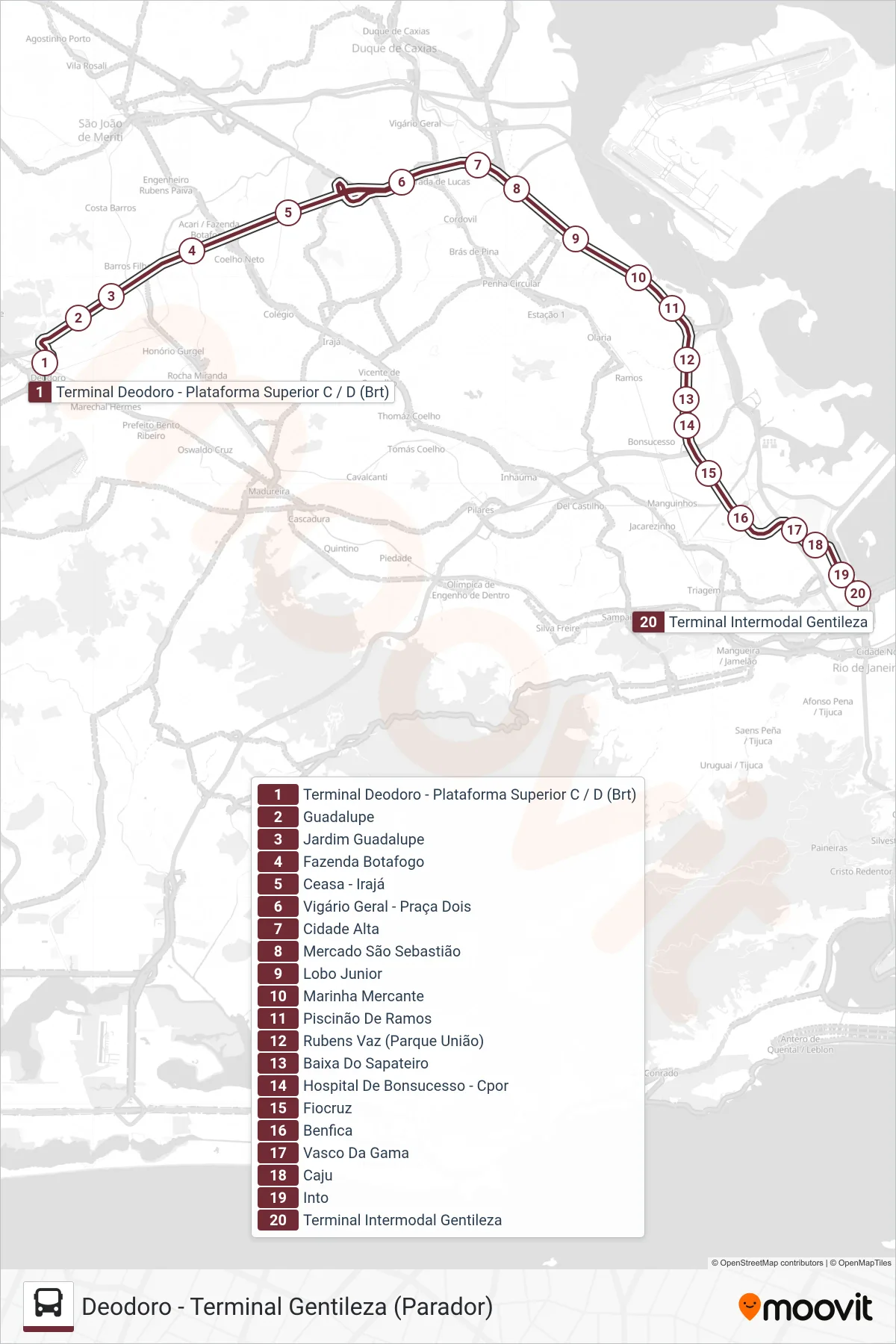 60 bus Line (Terminal Gentileza) route and stops on a map