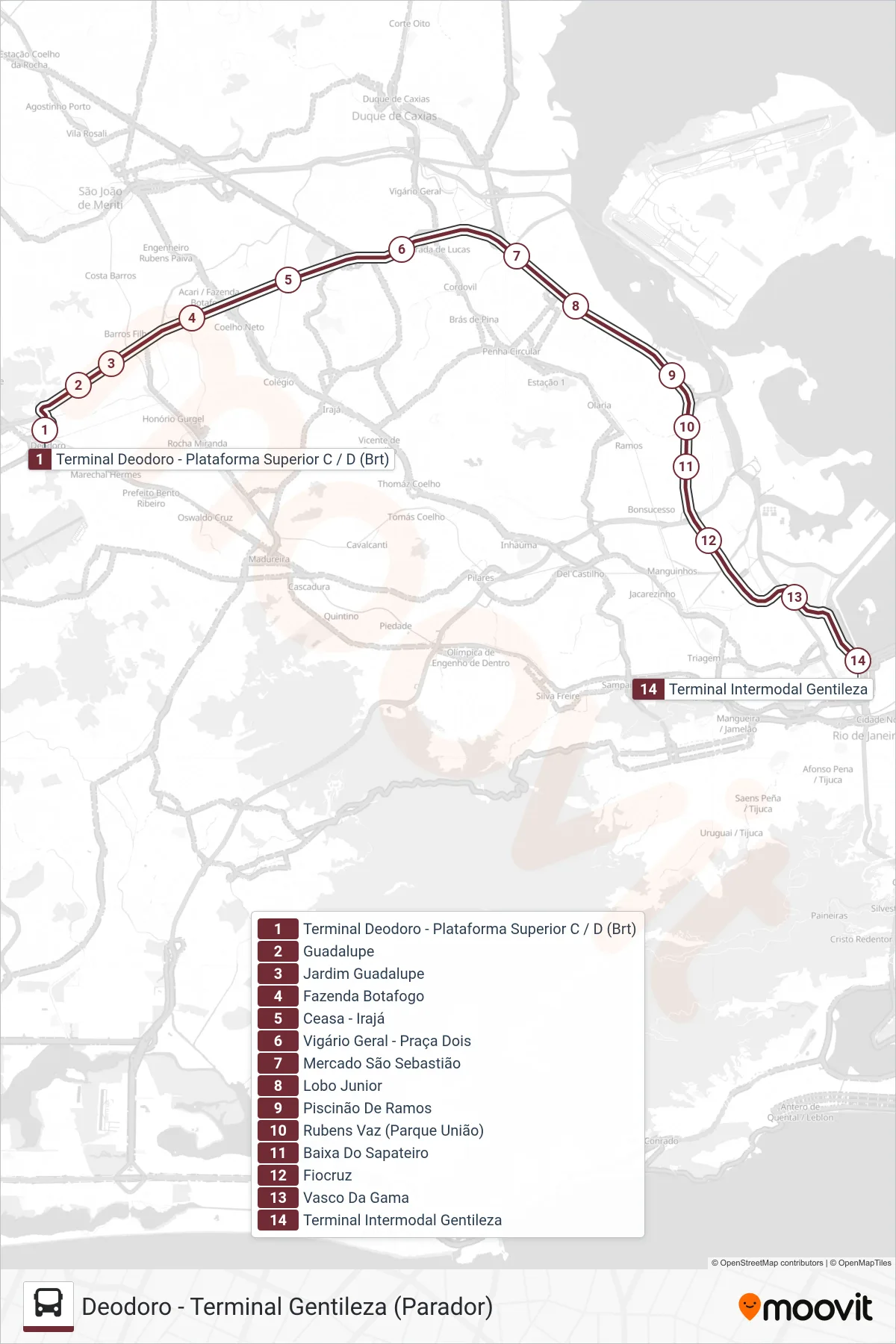 Rota e paradas da linha de ônibus 60 (Terminal Gentileza (Serviço Noturno)) no mapa