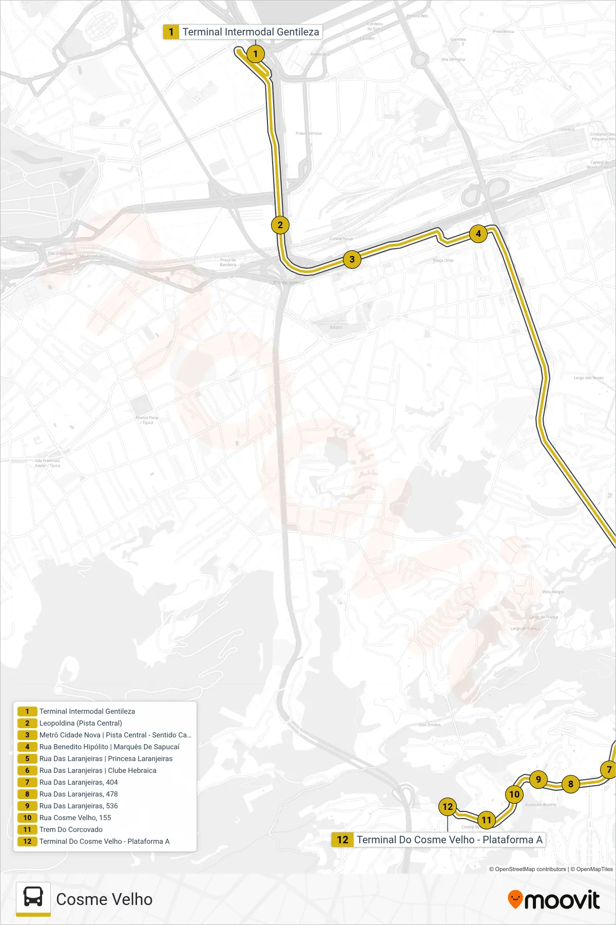 Rota e paradas da linha de ônibus 165 (Cosme Velho) no mapa