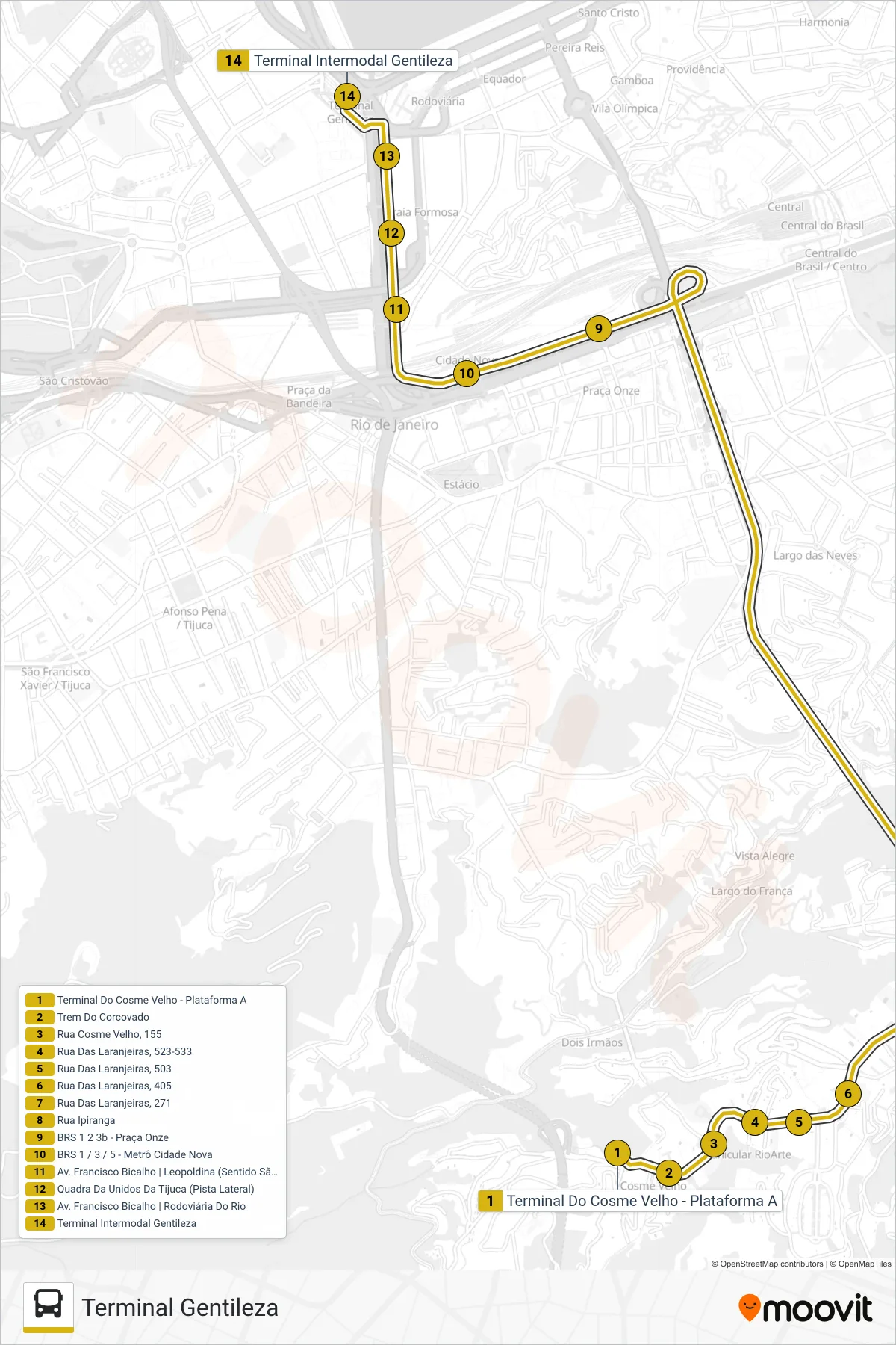 Rota e paradas da linha de ônibus 165 (Terminal Gentileza) no mapa