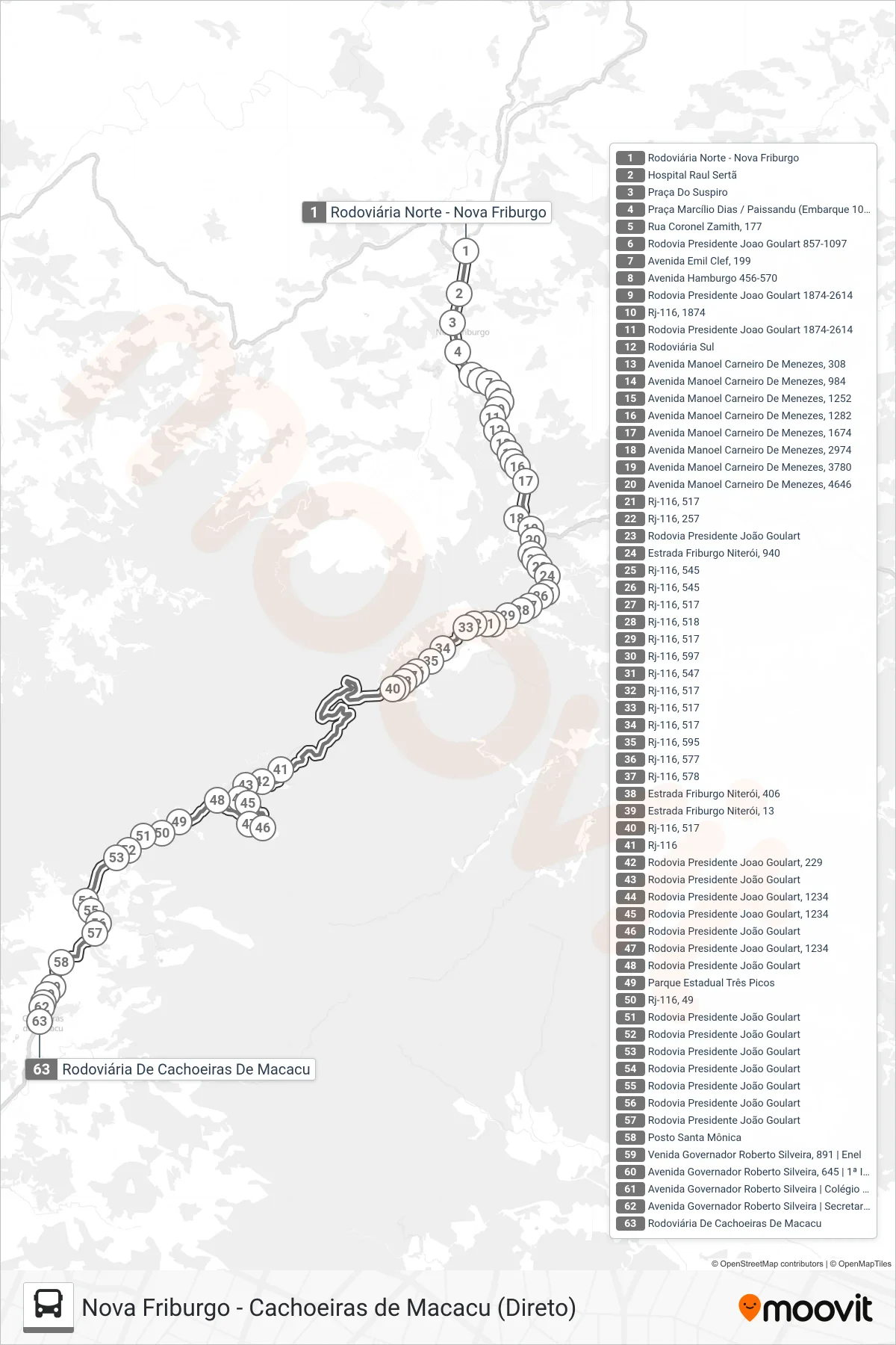 Rota e paradas da linha de ônibus EXECUTIVO (Cachoeiras) no mapa