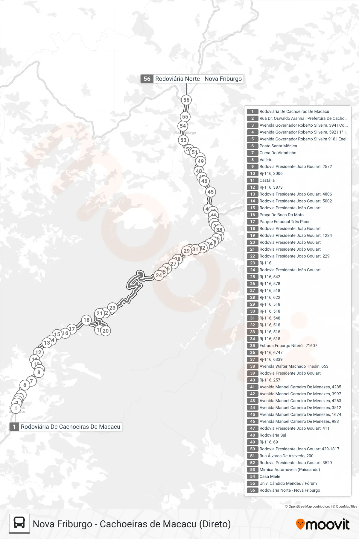 EXECUTIVO bus Line (Nova Friburgo) route and stops on a map