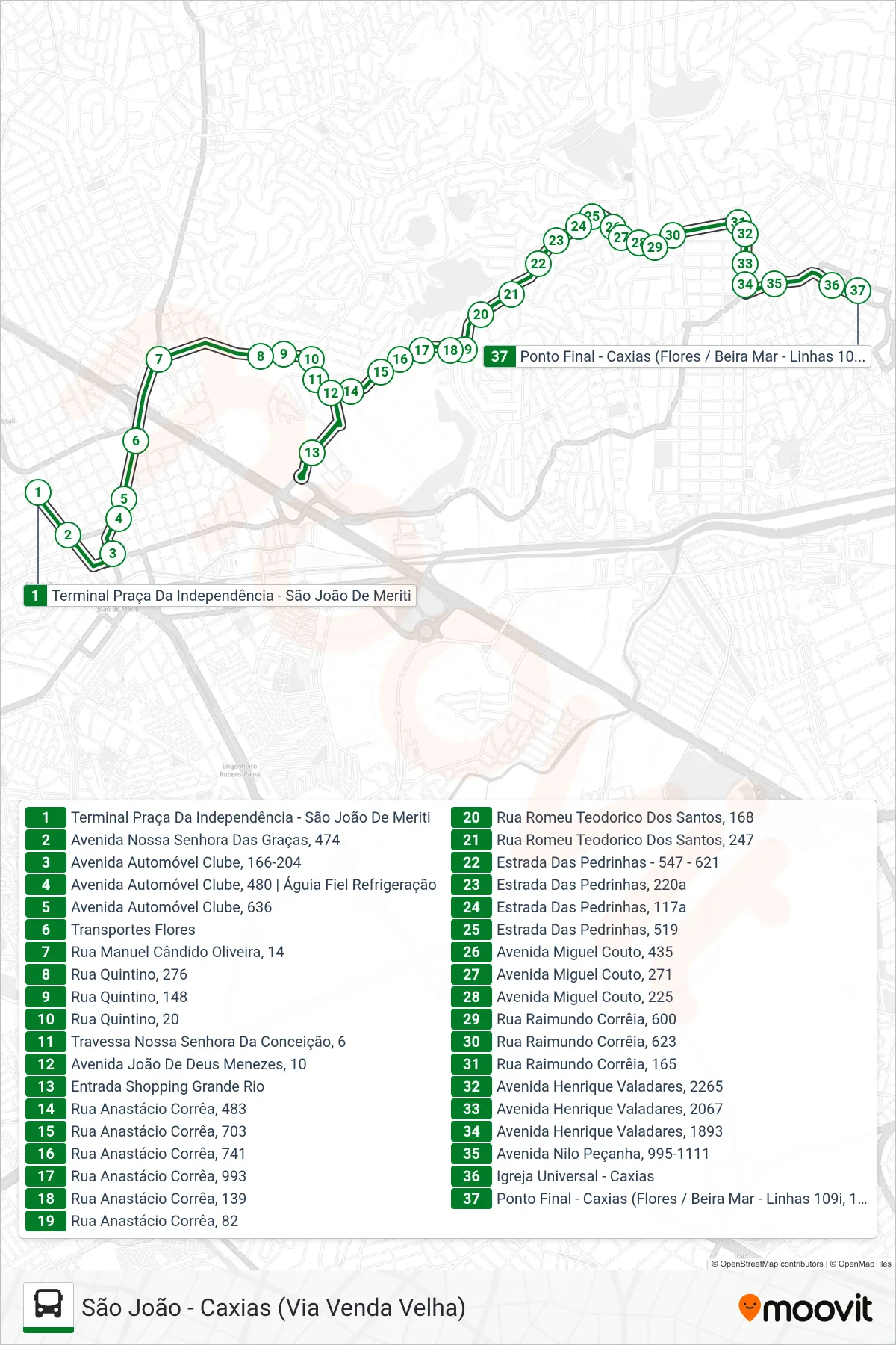 Rota e paradas da linha de ônibus 142I (Caxias) no mapa