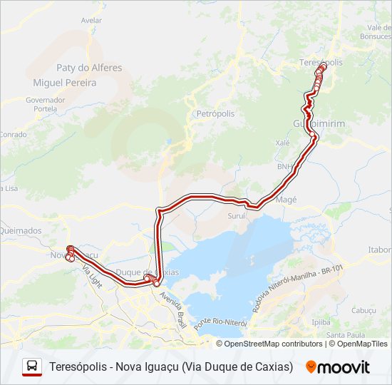 Mapa da linha TERESÓPOLIS - NOVA IGUAÇU (VIA DUQUE DE CAXIAS) de ônibus