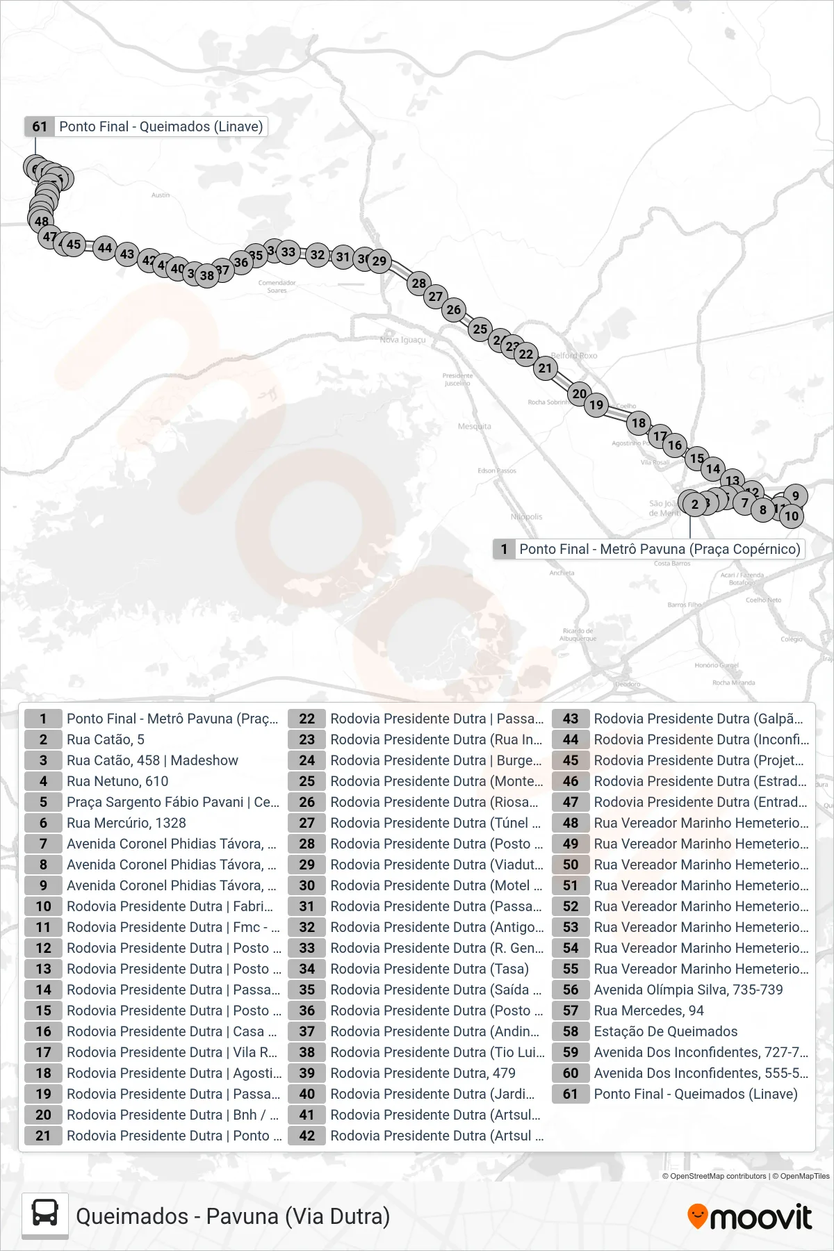 Rota e paradas da linha de ônibus 710I (Queimados) no mapa