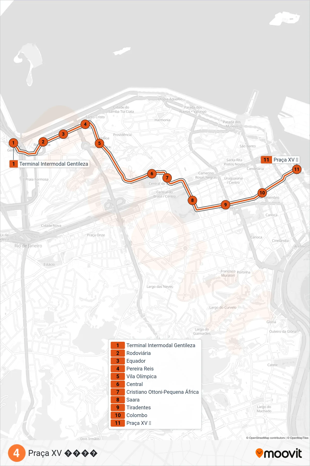 Rota e paradas da linha de vlt  L4  (Praça XV ����) no mapa