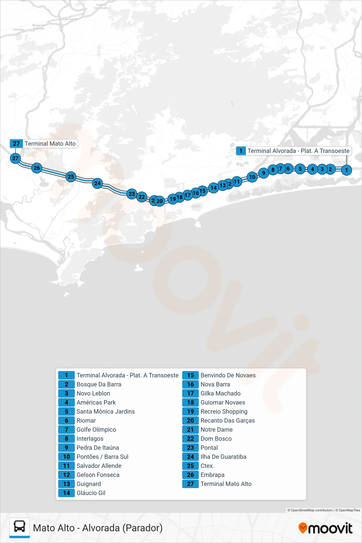Rota e paradas da linha de ônibus 25 (Mato Alto (Parador)) no mapa