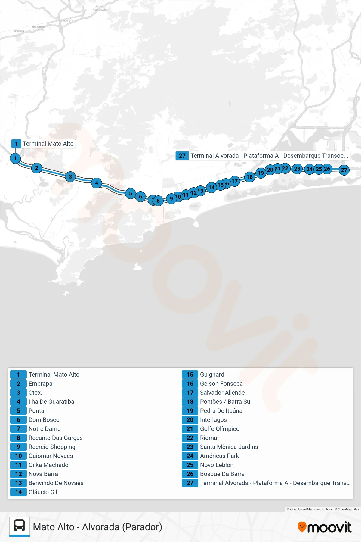 Rota e paradas da linha de ônibus 25 (Alvorada (Parador)) no mapa