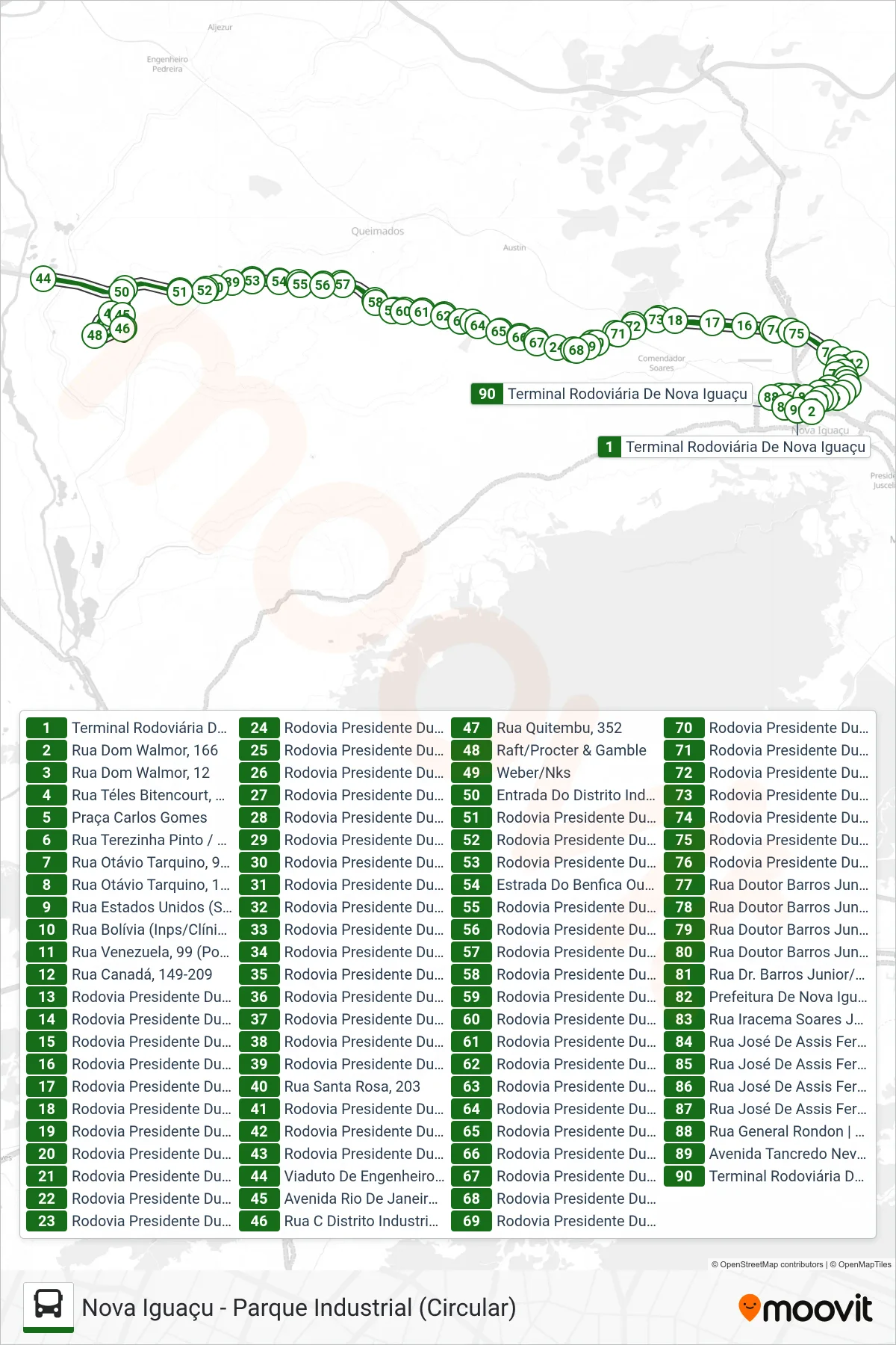 480I bus Line (Nova Iguaçu ↔ Parque Industrial) route and stops on a map