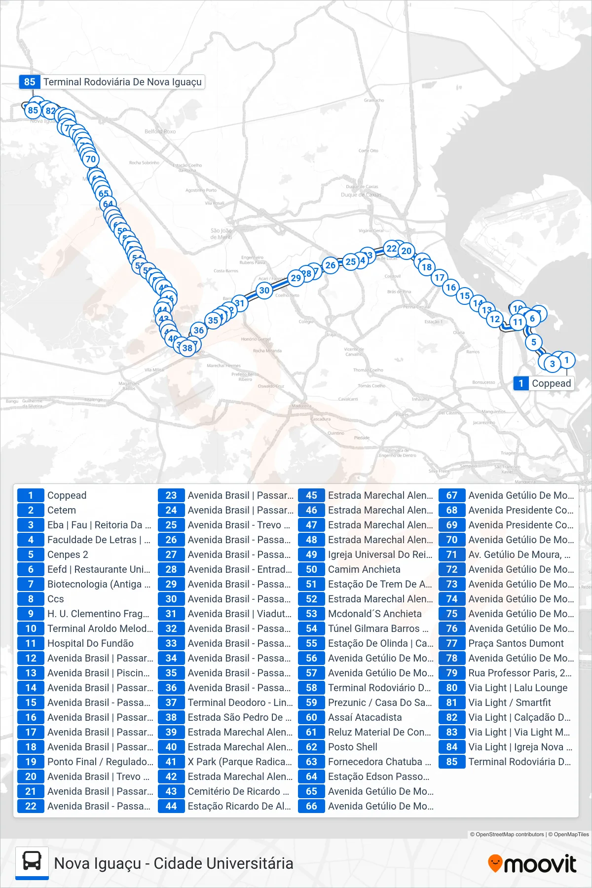 Rota e paradas da linha de ônibus 479I (Nova Iguaçu) no mapa