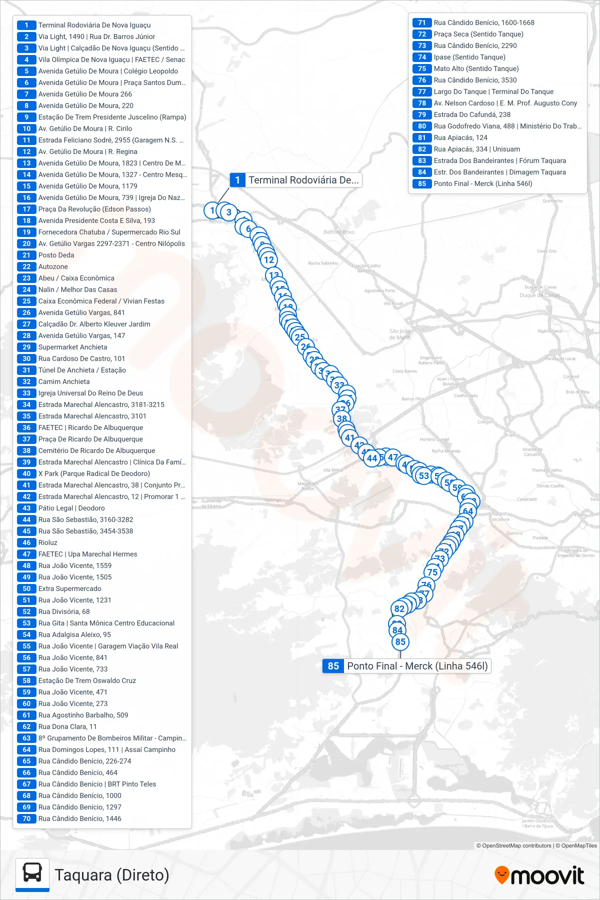 Rota e paradas da linha de ônibus 546L (Taquara (Direto)) no mapa