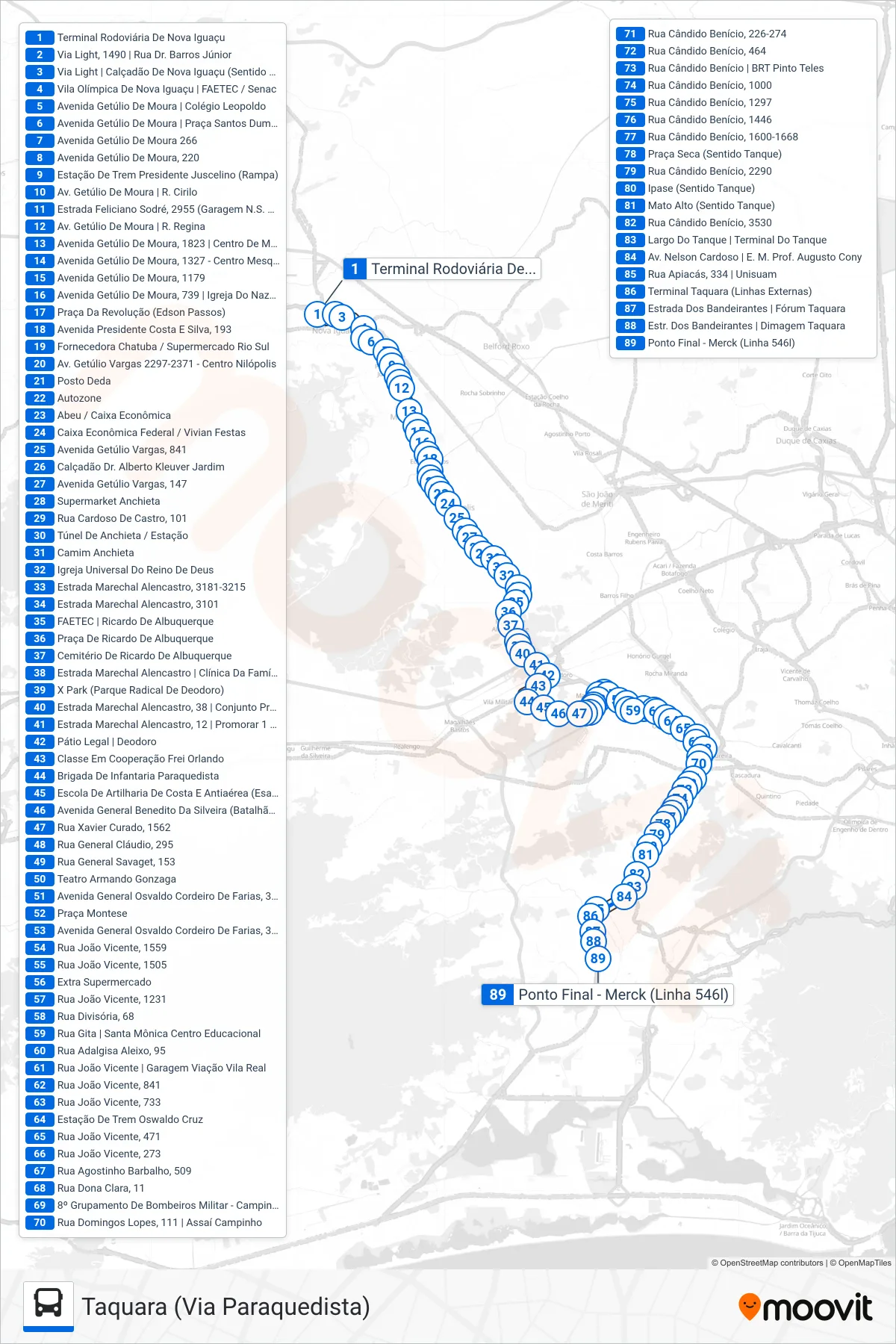 Rota e paradas da linha de ônibus 546L (Taquara (Via Paraquedista)) no mapa