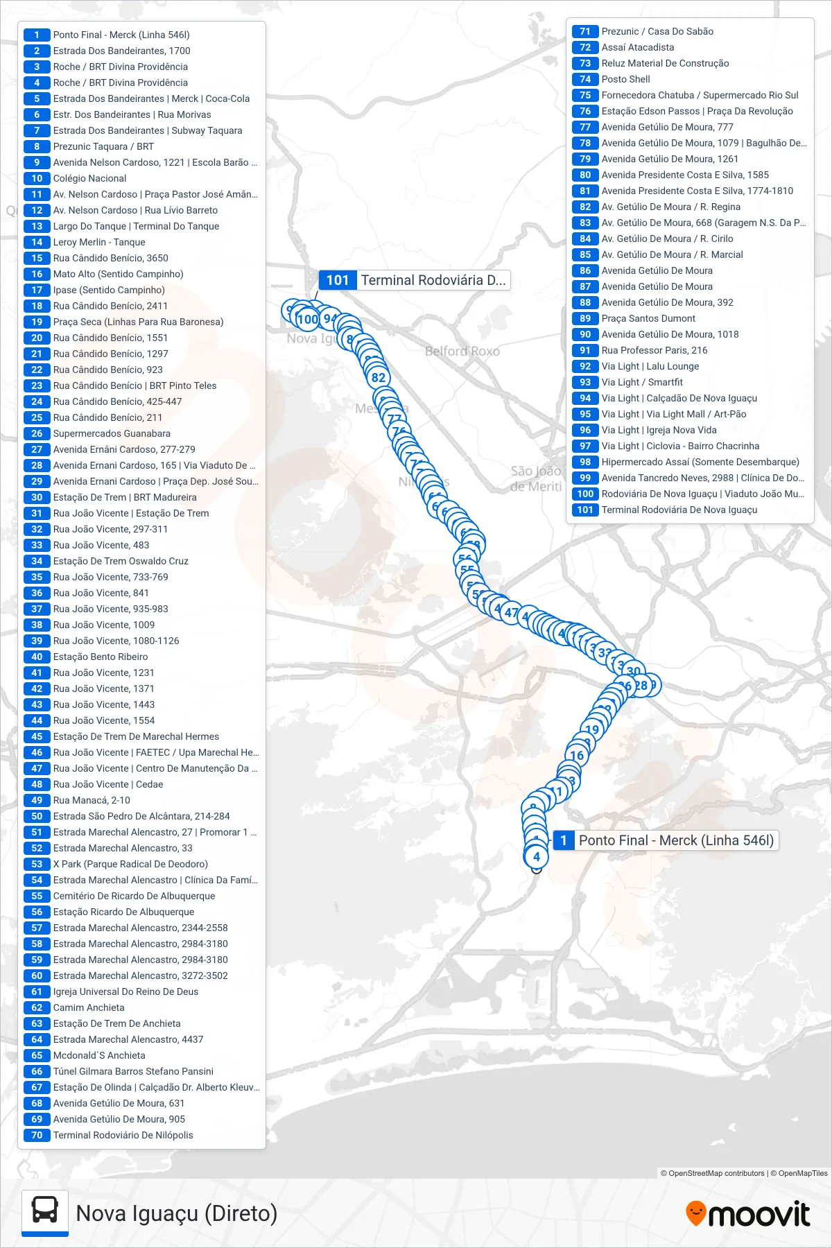 546L bus Line (Nova Iguaçu (Direto)) route and stops on a map