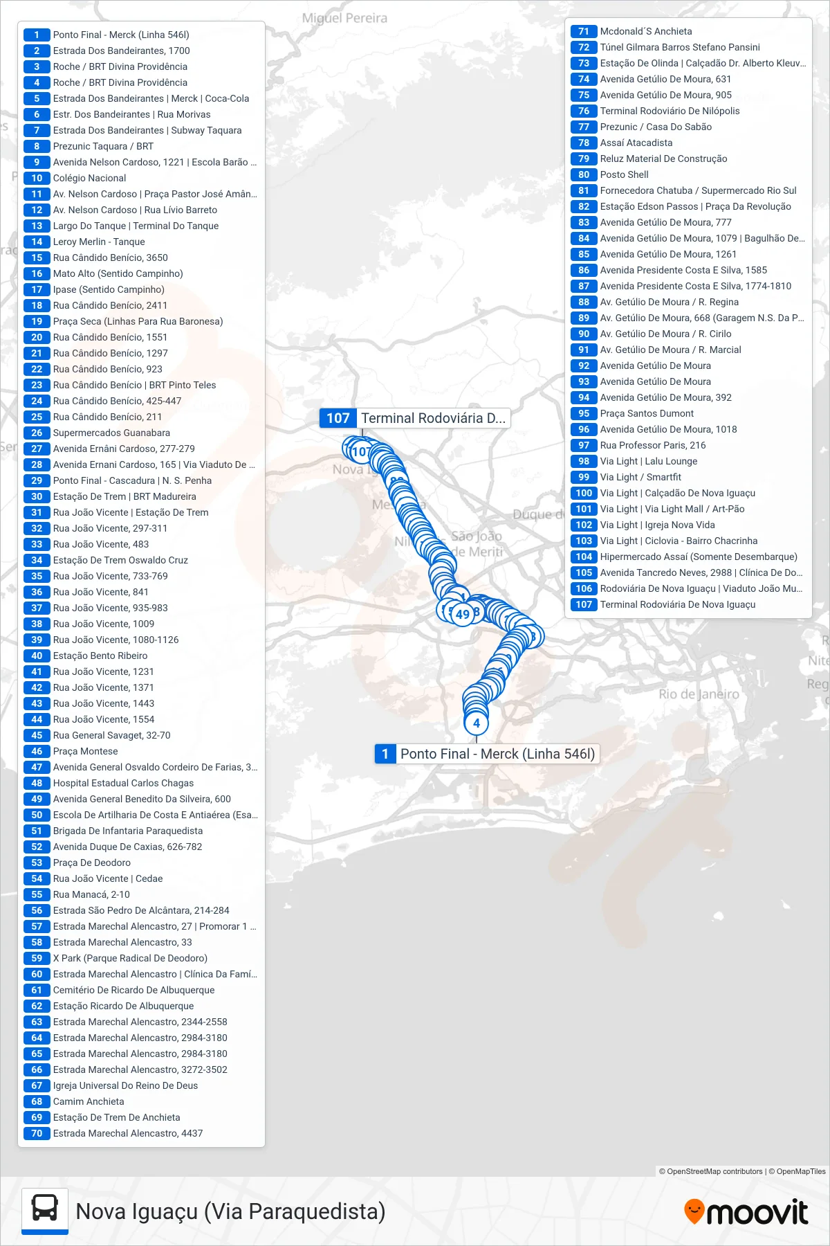 546L bus Line (Nova Iguaçu (Via Paraquedista)) route and stops on a map