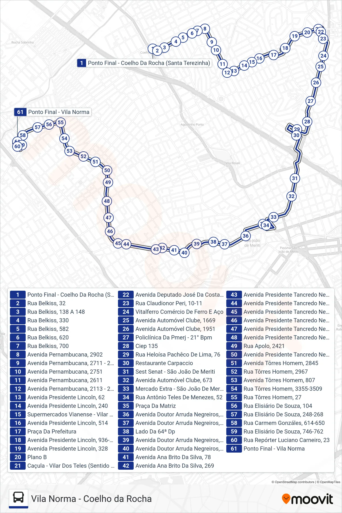 VILA NORMA - COELHO DA ROCHA bus Line (Vila Norma) route and stops on a map