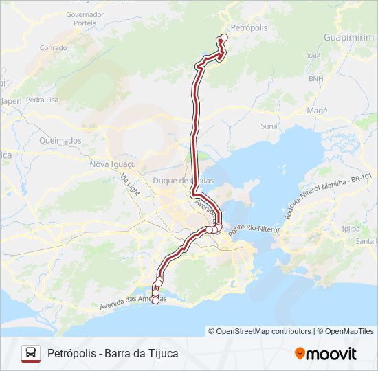 Mapa da linha PETRÓPOLIS - BARRA DA TIJUCA de ônibus