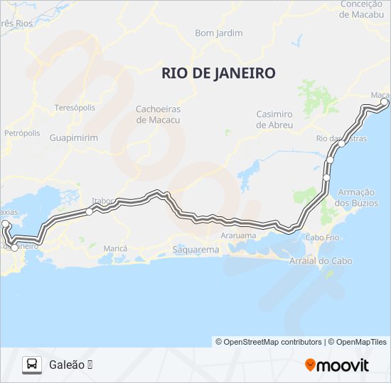 Mapa da linha GALEÃO ✈ - MACAÉ de ônibus