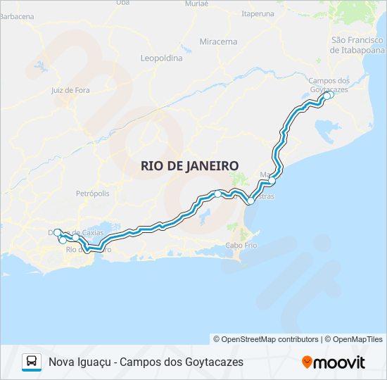 Mapa da linha NOVA IGUAÇU - CAMPOS DOS GOYTACAZES de ônibus