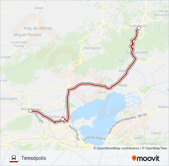 Mapa da linha TERESÓPOLIS - NOVA IGUAÇU de ônibus