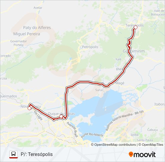 Mapa da linha TERESÓPOLIS - NOVA IGUAÇU de ônibus