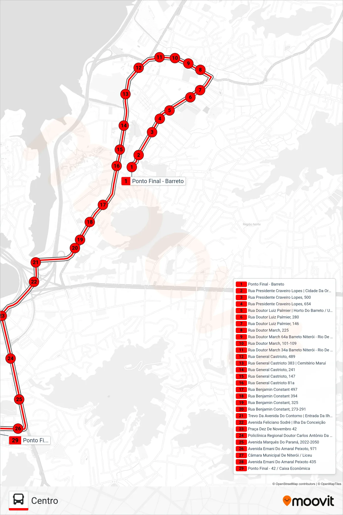 Rota e paradas da linha de ônibus 42SL (Centro) no mapa