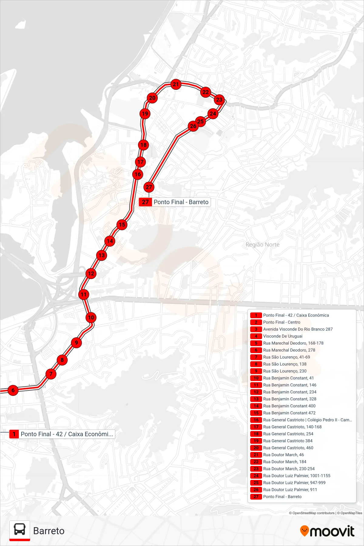 Rota e paradas da linha de ônibus 42SL (Barreto) no mapa