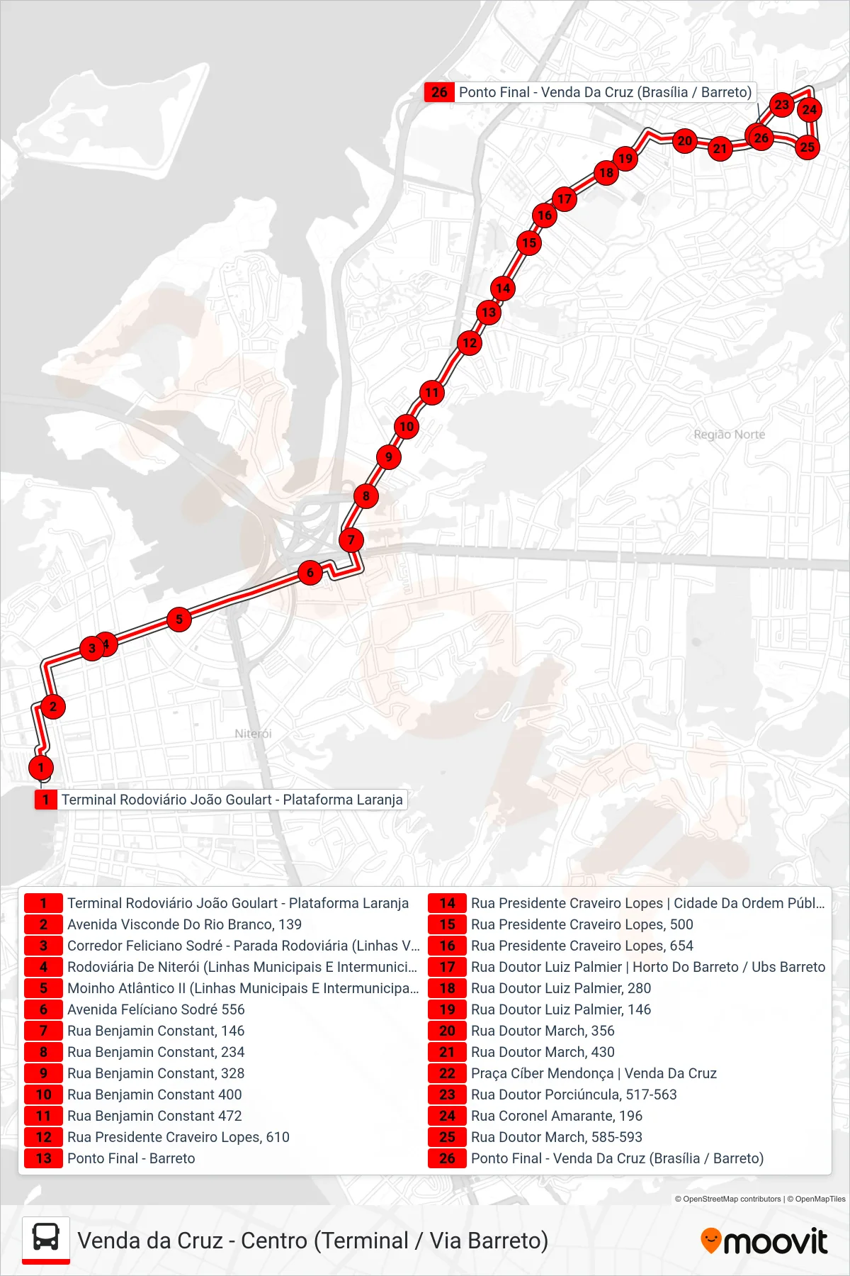 Rota e paradas da linha de ônibus 42T (Venda Da Cruz) no mapa