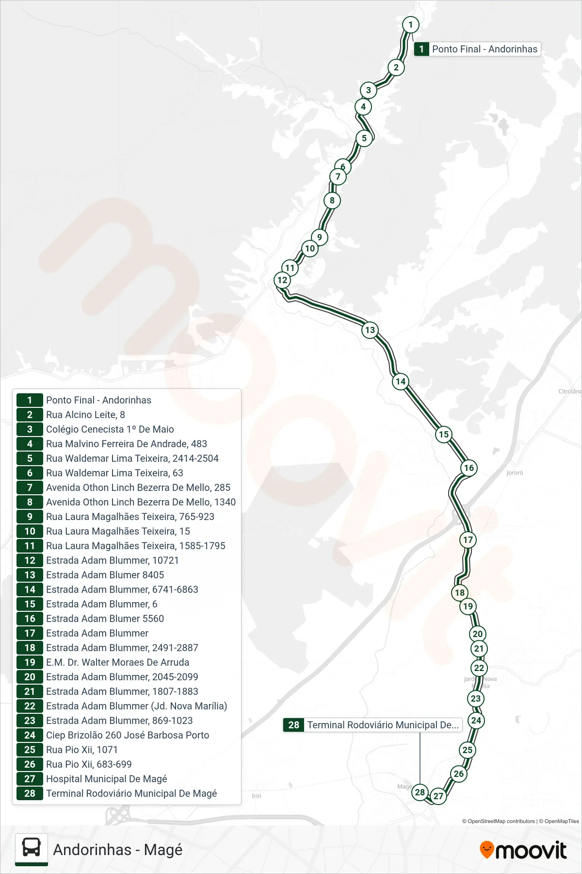 Rota e paradas da linha de ônibus 1001 (Magé) no mapa
