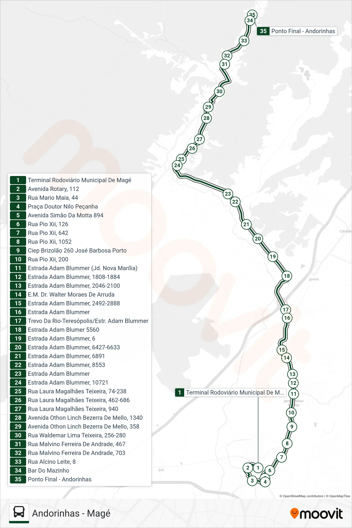 Rota e paradas da linha de ônibus 1001 (Andorinhas) no mapa