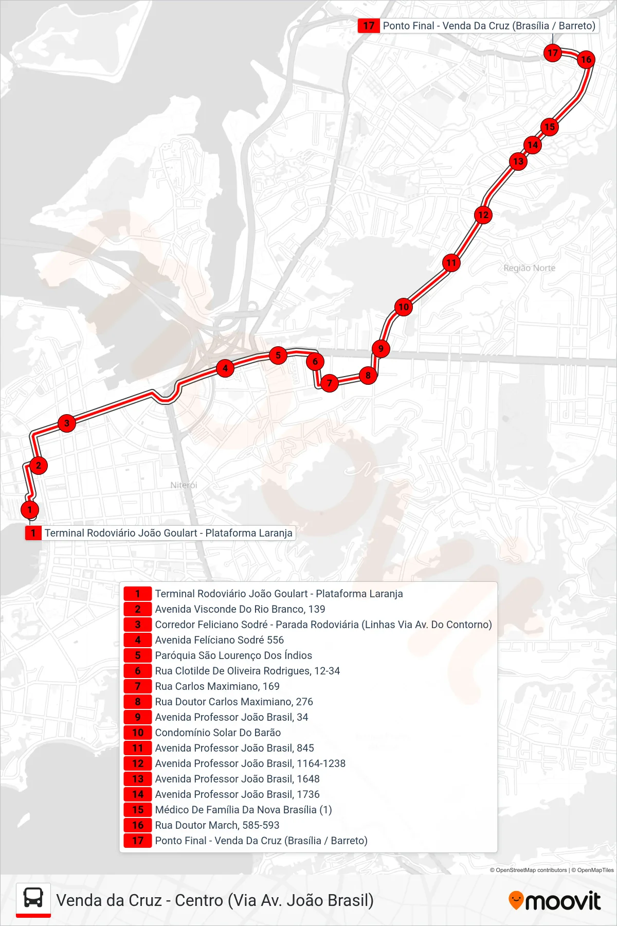Rota e paradas da linha de ônibus 41JB (Venda Da Cruz) no mapa