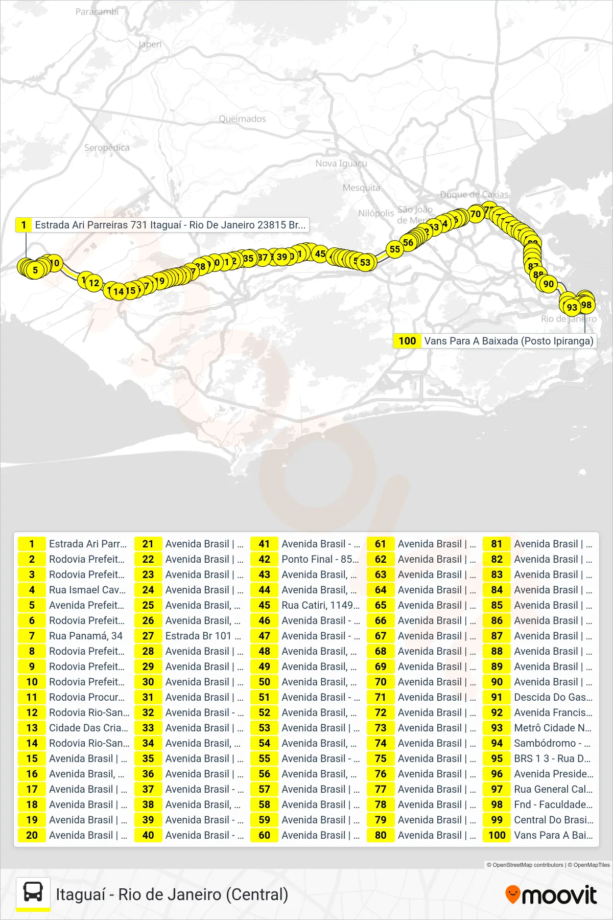 Rota e paradas da linha de ônibus VAN M521 (Rio De Janeiro (Central)) no mapa