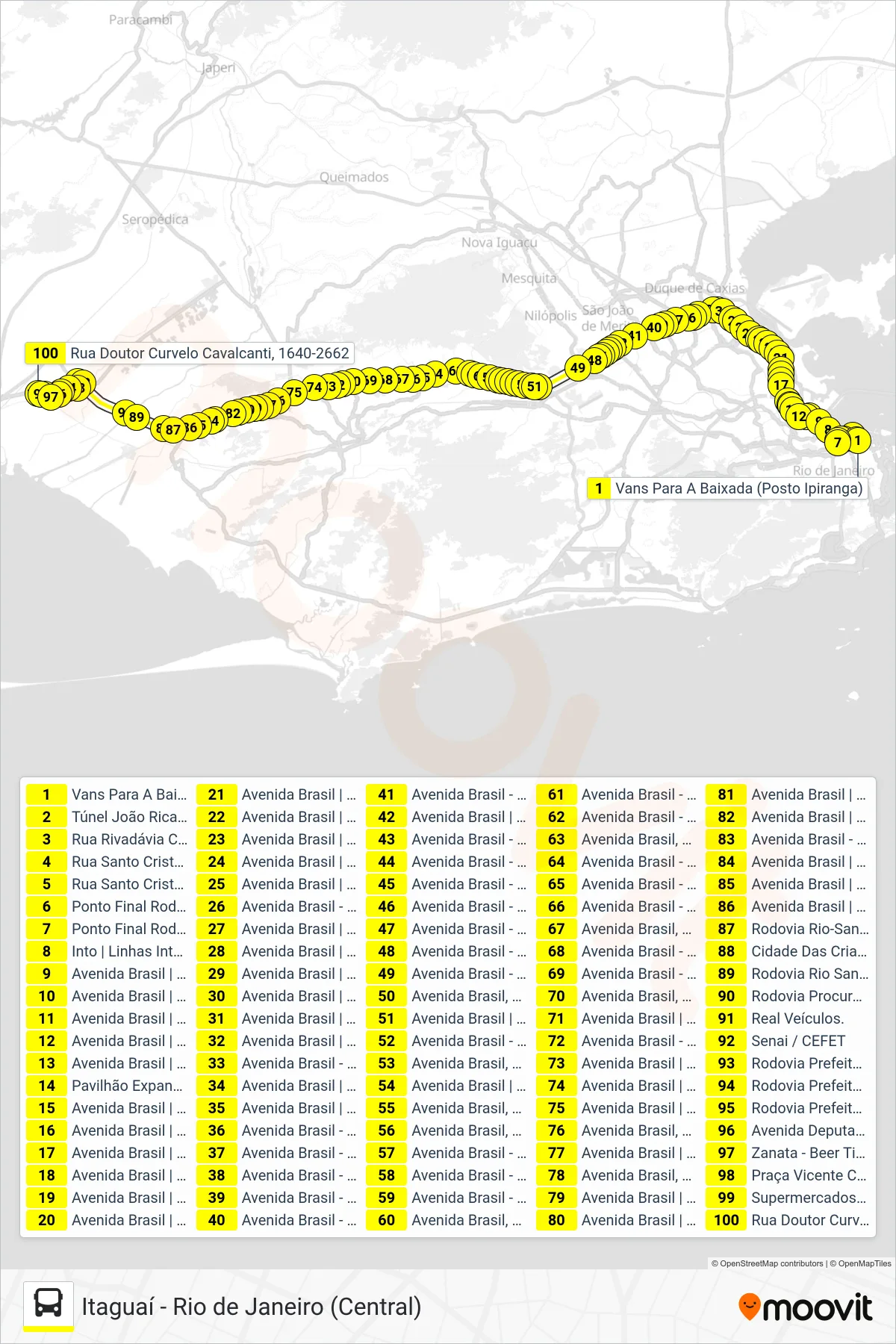 Rota e paradas da linha de ônibus VAN M521 (Itaguaí) no mapa