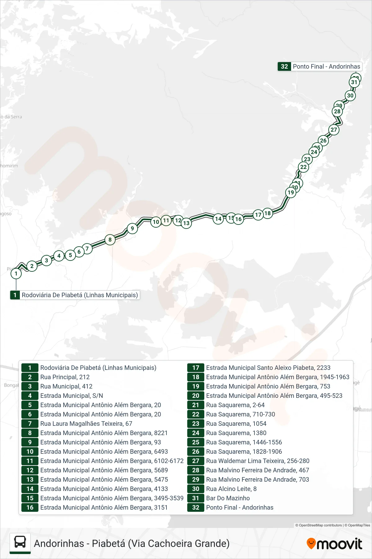 Rota e paradas da linha de ônibus 1002 (Andorinhas) no mapa