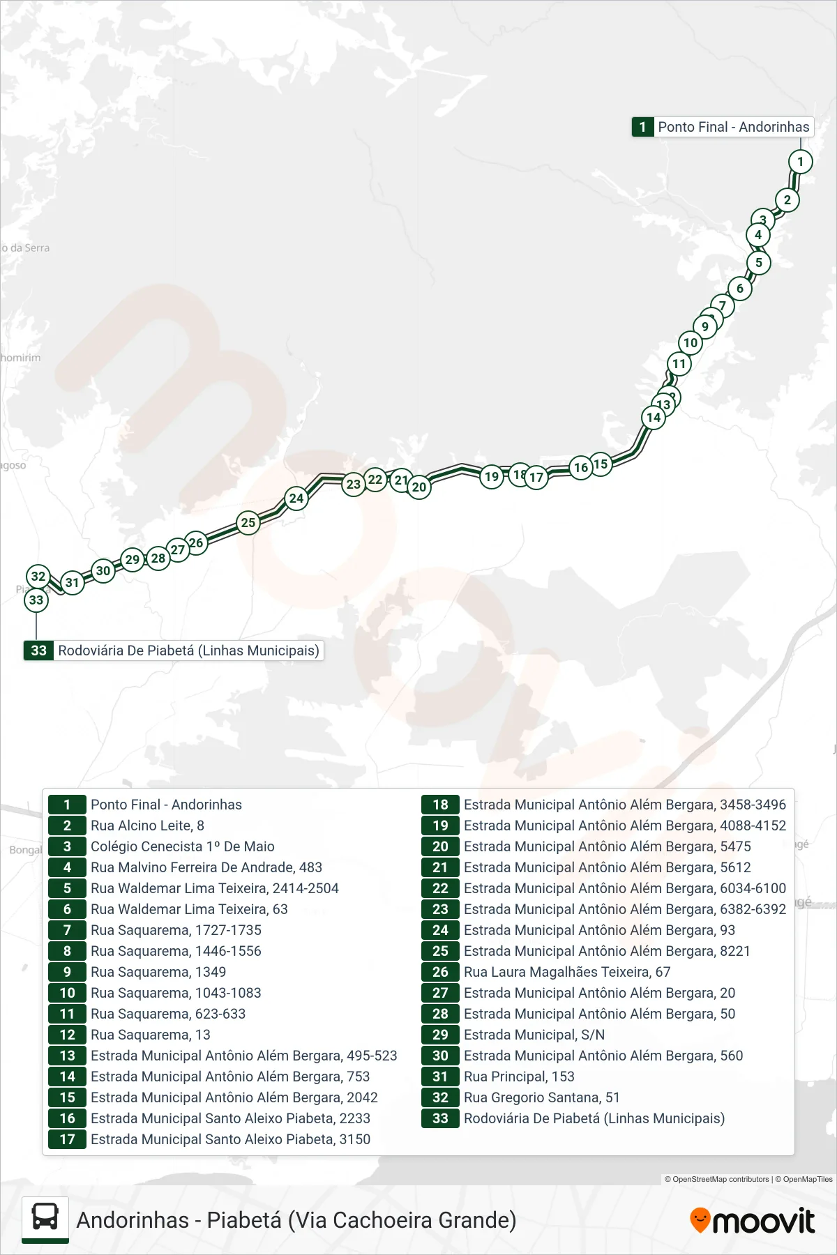 Rota e paradas da linha de ônibus 1002 (Piabetá) no mapa